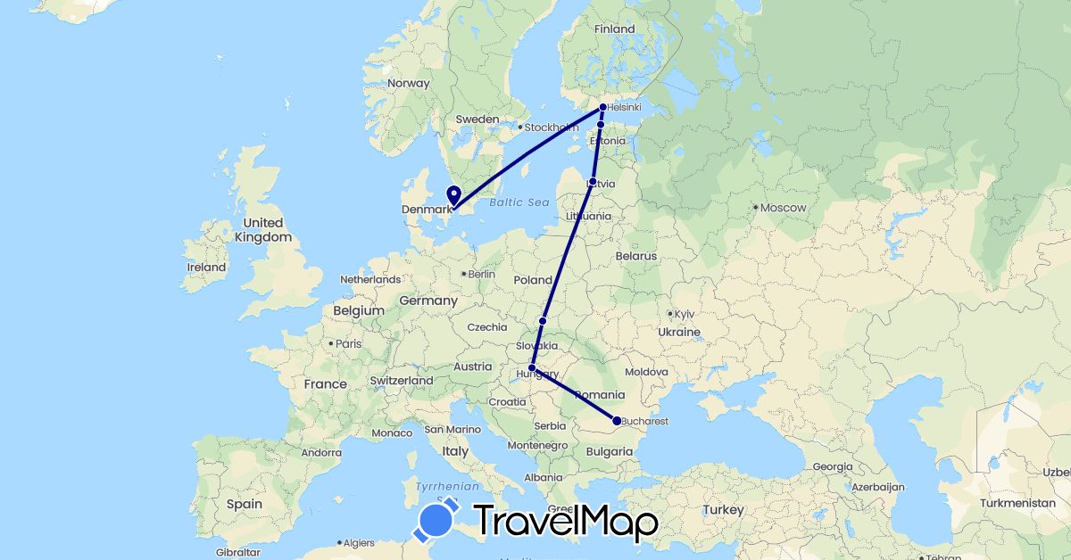 TravelMap itinerary: driving in Denmark, Estonia, Finland, Hungary, Latvia, Poland, Romania (Europe)